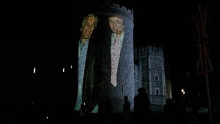 Image for Trump and Epstein Image Projected on Windsor Castle as President Arrives in U.K. for Second State Visit; Four Arrests Made